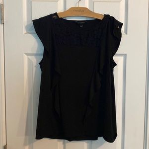 Medium black top with flutter sleeves and lace neckline.